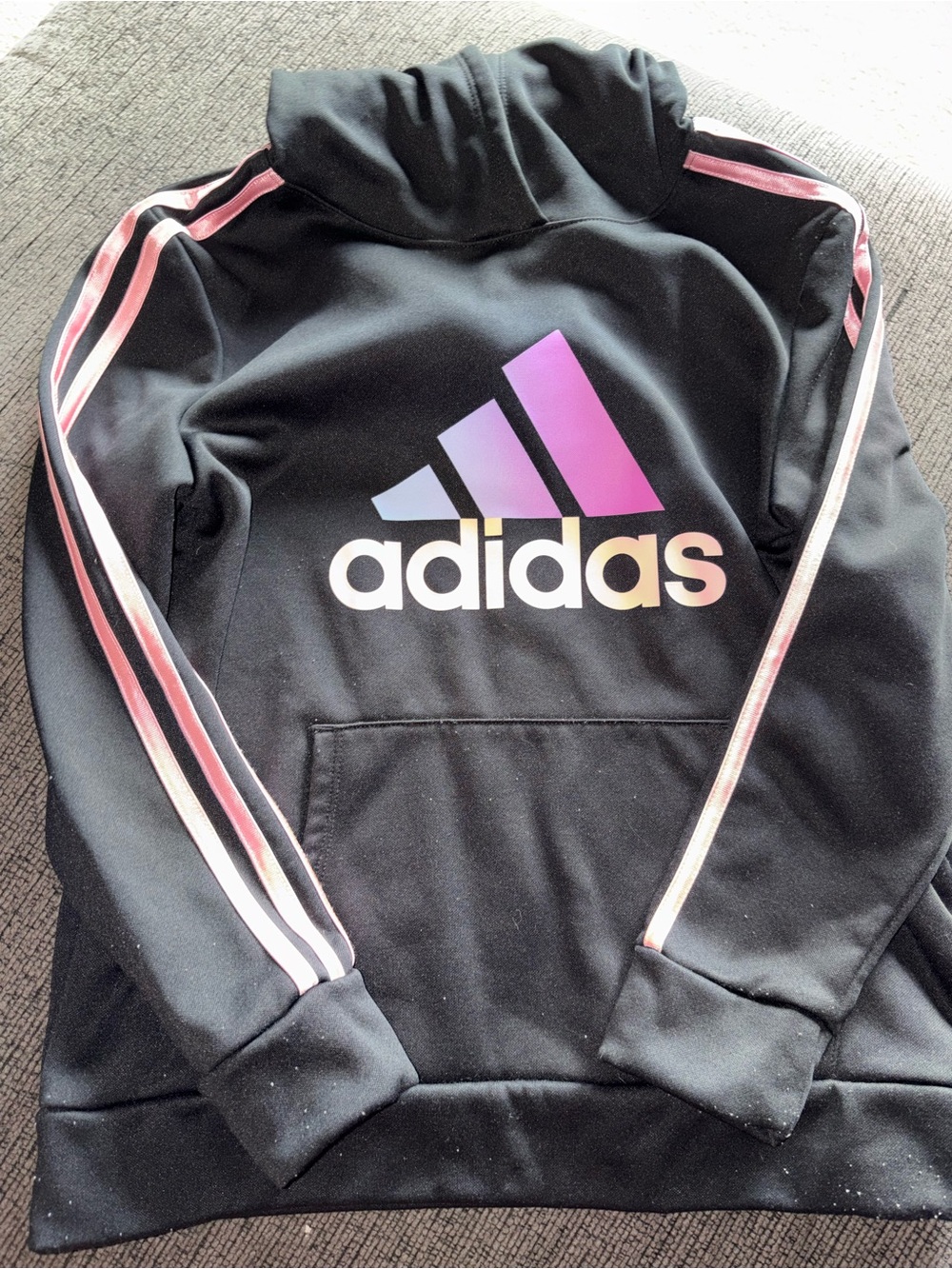 adidas Kids Black Hoodie with Pink Gradient Logo and Accent Stripes
